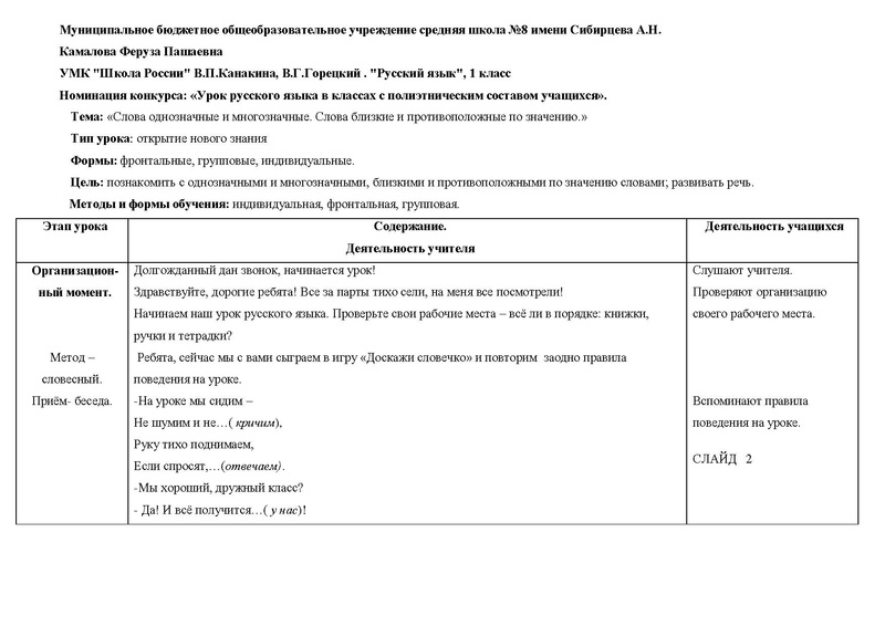 Файл:Урок русского языка Слова однозначные и многозначные. Слова близкие и противоположные по значению 1 класс Камалова Ф.П. .pdf